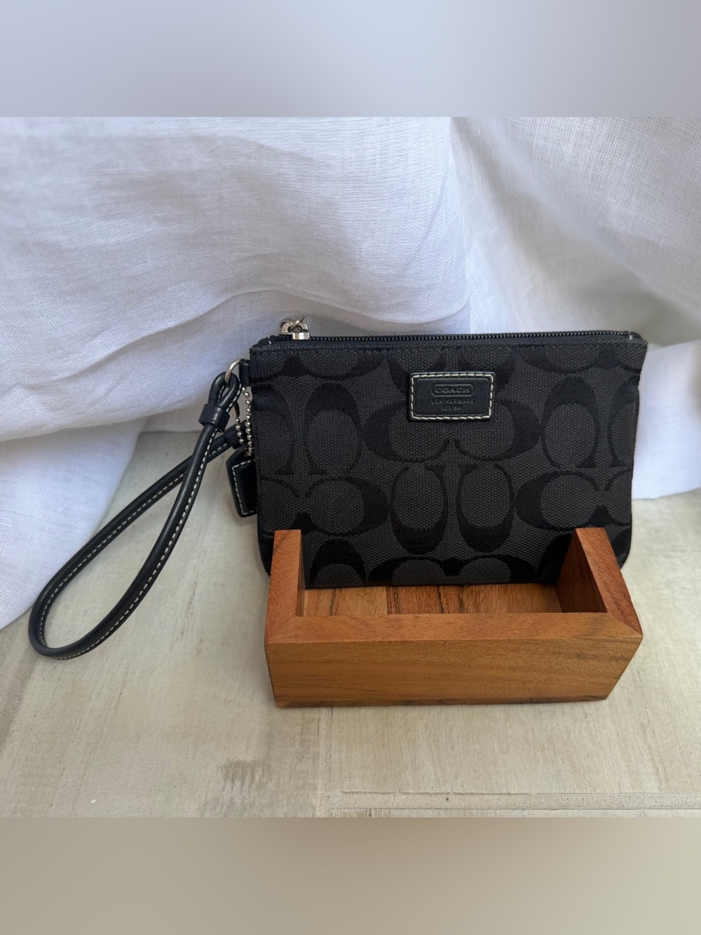 Coach Signature Jacquard Small Wristlet Black Canvas with Leather Strap